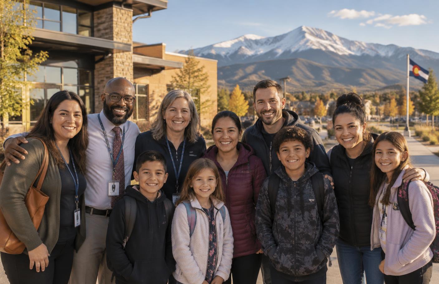 School staff, students and families outside a Colorado school