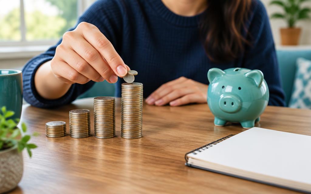 A member stacking growing towers of coins beside a piggy bank