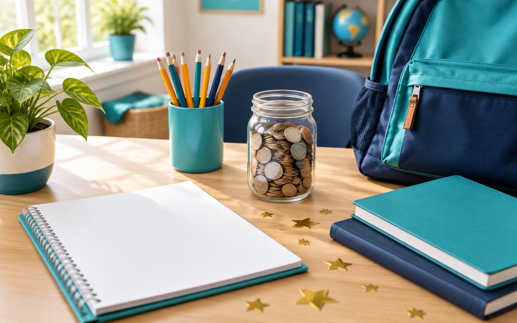 A student's desk with a jar of coins, gold stars and school supplies